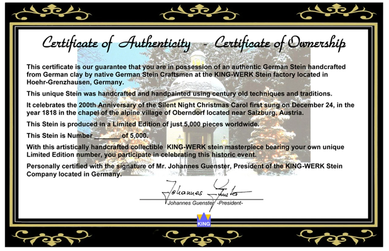 200th Anniversary Silent Night Chapel German Christmas Beer Stein | Musical -German Wine Glass Shop 200 Year Anniversary Silent Night Chapel Christmas German Beer Stein K047 Certificate Front 53606.1542245586