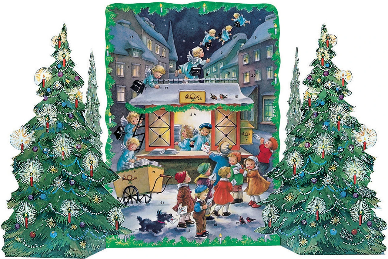 Angel Post Office Christmas Trees 3D German Advent Calendar -German Wine Glass Shop Angel Post Office Christmas Trees 3D German Advent Calendar KV11209 00993.1540834355