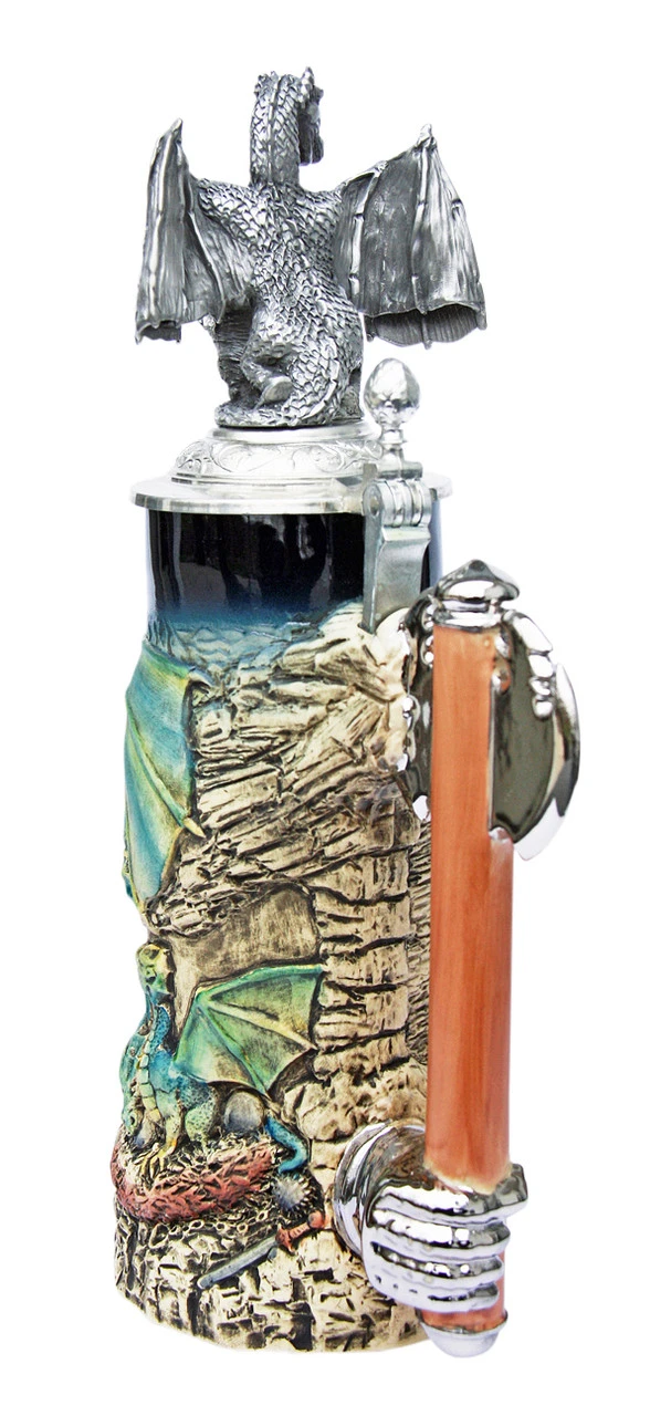 Dragon Beer Stein With Dragon Lid -German Wine Glass Shop Dragon Beer Stein with Pewter Dragon Lid KT4000BD Angle SM 39191.1401396127