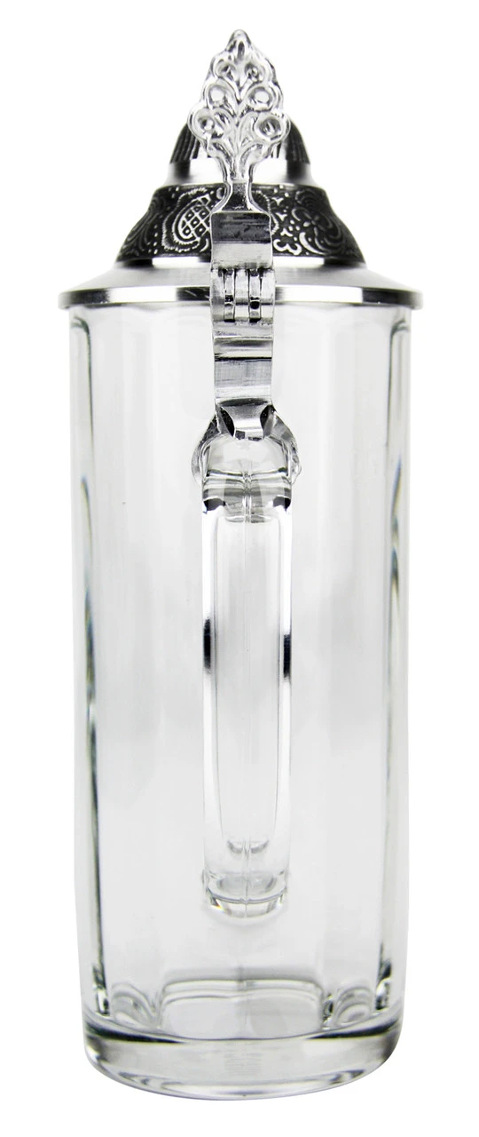Faceted Glass Beer Stein with Pointed Pewter Lid Faceted Glass Beer Stein With Pointed Pewter Lid -German Wine Glass Shop Faceted Glass Beer Stein with Pointed Pewter Lid GS66690 Back SM 64292.1524681455