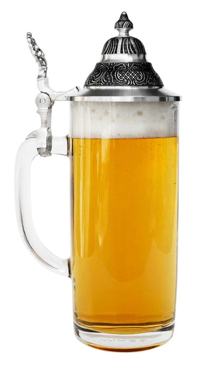 Faceted Glass Beer Stein with Pointed Pewter Lid Faceted Glass Beer Stein With Pointed Pewter Lid -German Wine Glass Shop Faceted Glass Beer Stein with Pointed Pewter Lid GS66690 LSwB SM 68634.1524682793