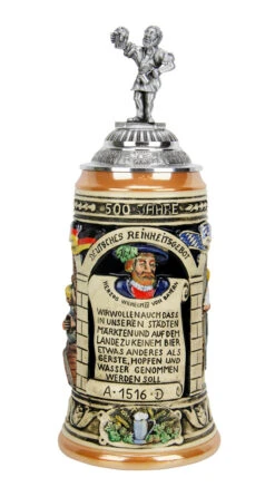 German 500 Year Anniversary Beer Purity Law German Beer Stein With Pewter Beer Brewer Figure Lid