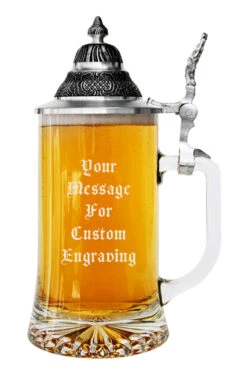 Glass Beer Stein With Pointed Pewter Lid 7 Glass Beer Stein With Pointed Pewter Lid -German Wine Glass Shop Glass Beer Stein with Pointed Pewter Lid GS6106S RS wB Your Message for Custom Engraving 87020.1584580401