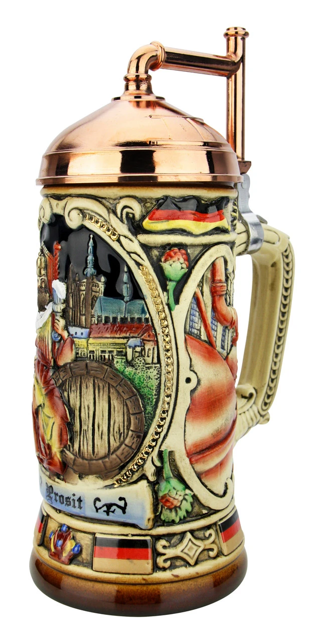 King Gambrinus Brewers Prosit Beer Stein | Copper Kettle Lid -German Wine Glass Shop King Gambrinus Brewers Prosit Beer Stein Copper Kettle Lid K358C RA SM 96705.1611515006