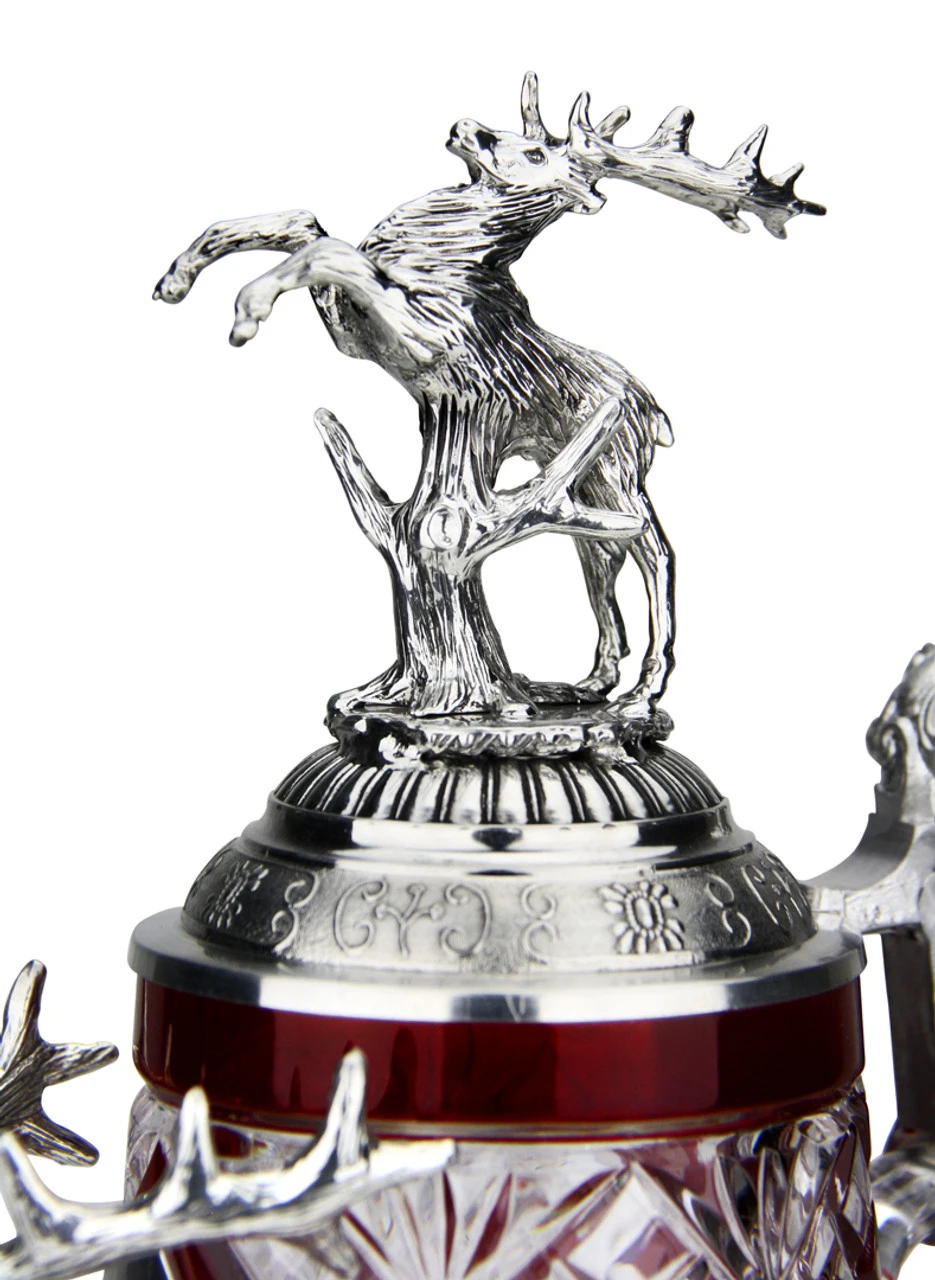 Lord Of Crystal Stag German Beer Stein Red | 3D Stag Lid -German Wine Glass Shop Lord of Crystal Stag German Beer Stein Red 3D Stag Lid K6006RHH Lid Detail SM 68283.1558555987