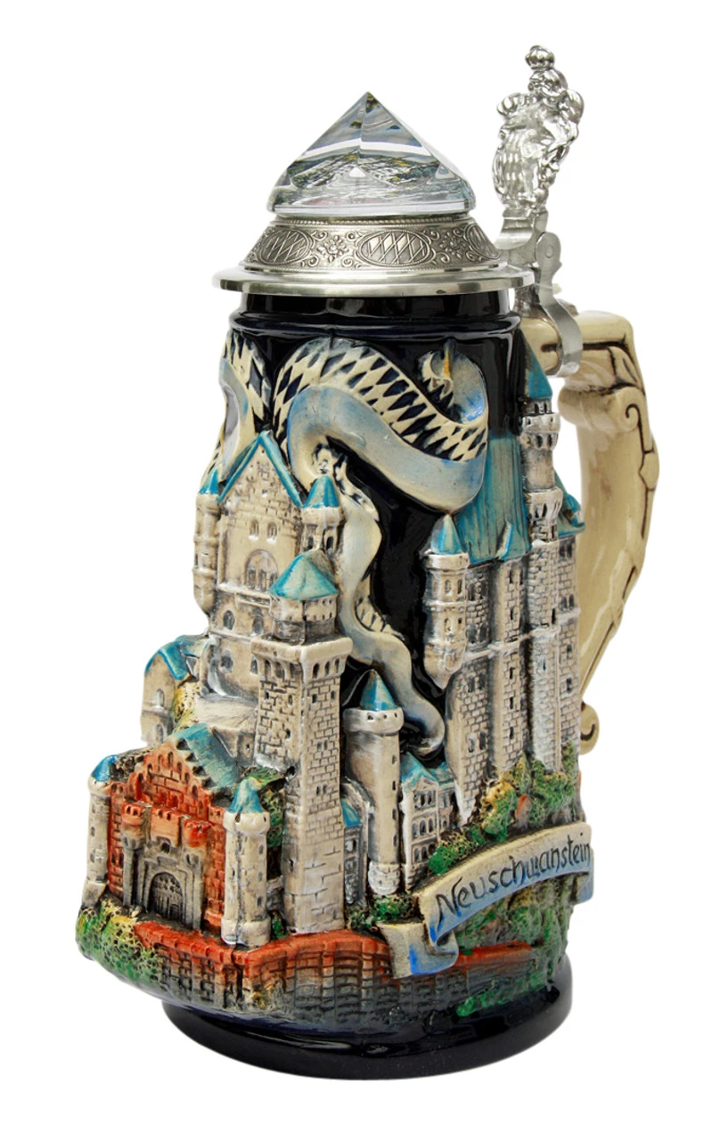 Neuschwanstein Castle 3D Beer Stein With Faceted Crystal Lid -German Wine Glass Shop Neuschwanstein 3D Beer Stein with Crystal Lid K3961 Angle SM 62727.1417709713