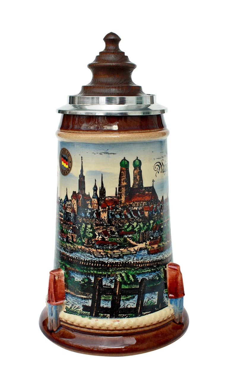Old Munich Beer Stein with Wood Lid Old Munich Beer Stein With Wood Lid -German Wine Glass Shop Old Munich Wooden Lid Beer Stein K465M Fnt SM 42336.1401733882