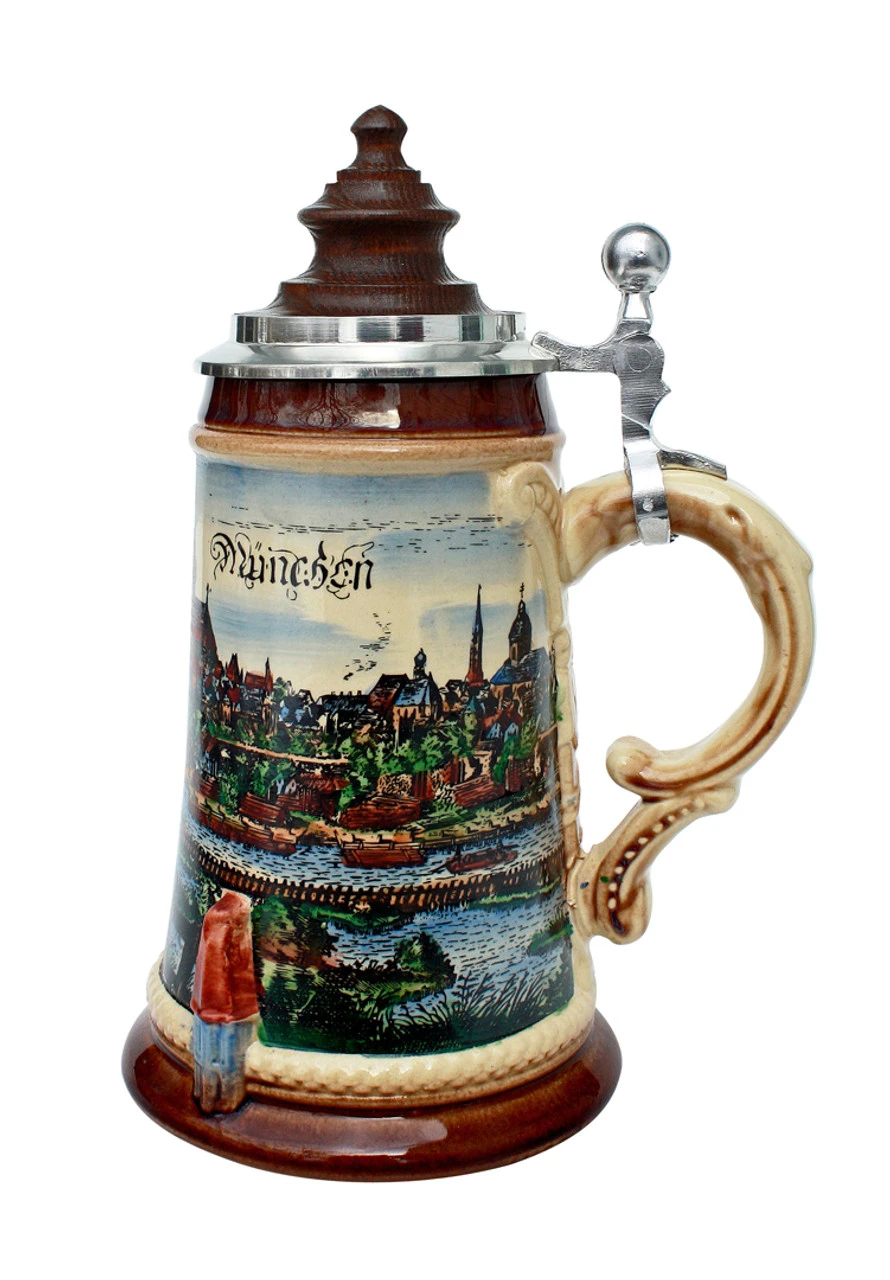 Old Munich Beer Stein with Wood Lid Old Munich Beer Stein With Wood Lid -German Wine Glass Shop Old Munich Wooden Lid Beer Stein K465M RS SM 45947.1401733875