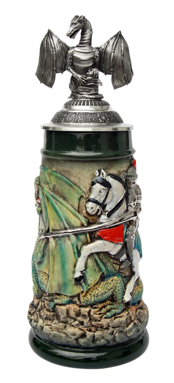 Knight Dragon Slayer Beer Stein with Dragon Lid Knight Dragon Slayer Beer Stein With Dragon Lid -German Wine Glass Shop St. George the Dragon Slayer Beer Stein with Dragon Lid K4005RUD FNT SM 04078.1417532073