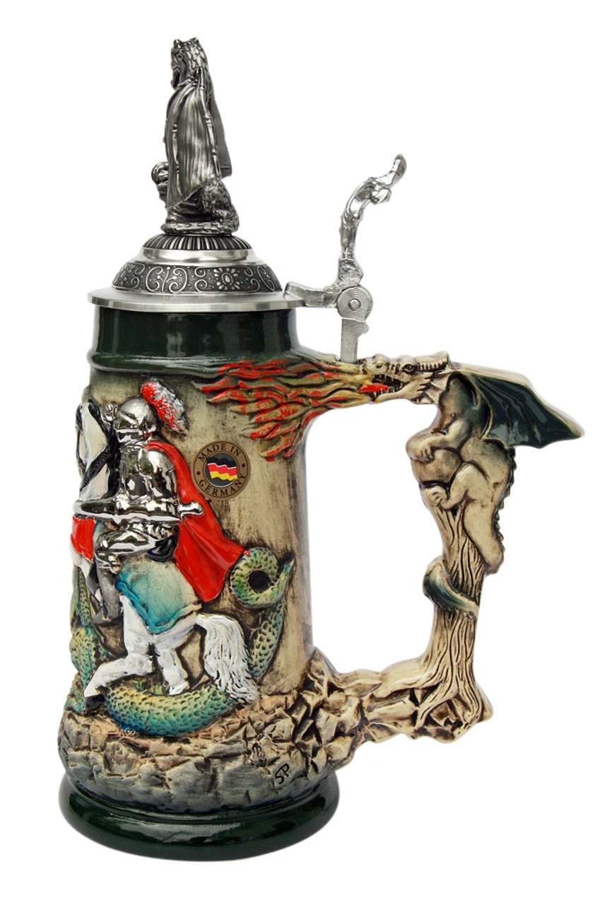 Knight Dragon Slayer Beer Stein with Dragon Lid Knight Dragon Slayer Beer Stein With Dragon Lid -German Wine Glass Shop St. George the Dragon Slayer Beer Stein with Dragon Lid K4005RUD RS SM 46731.1417532063